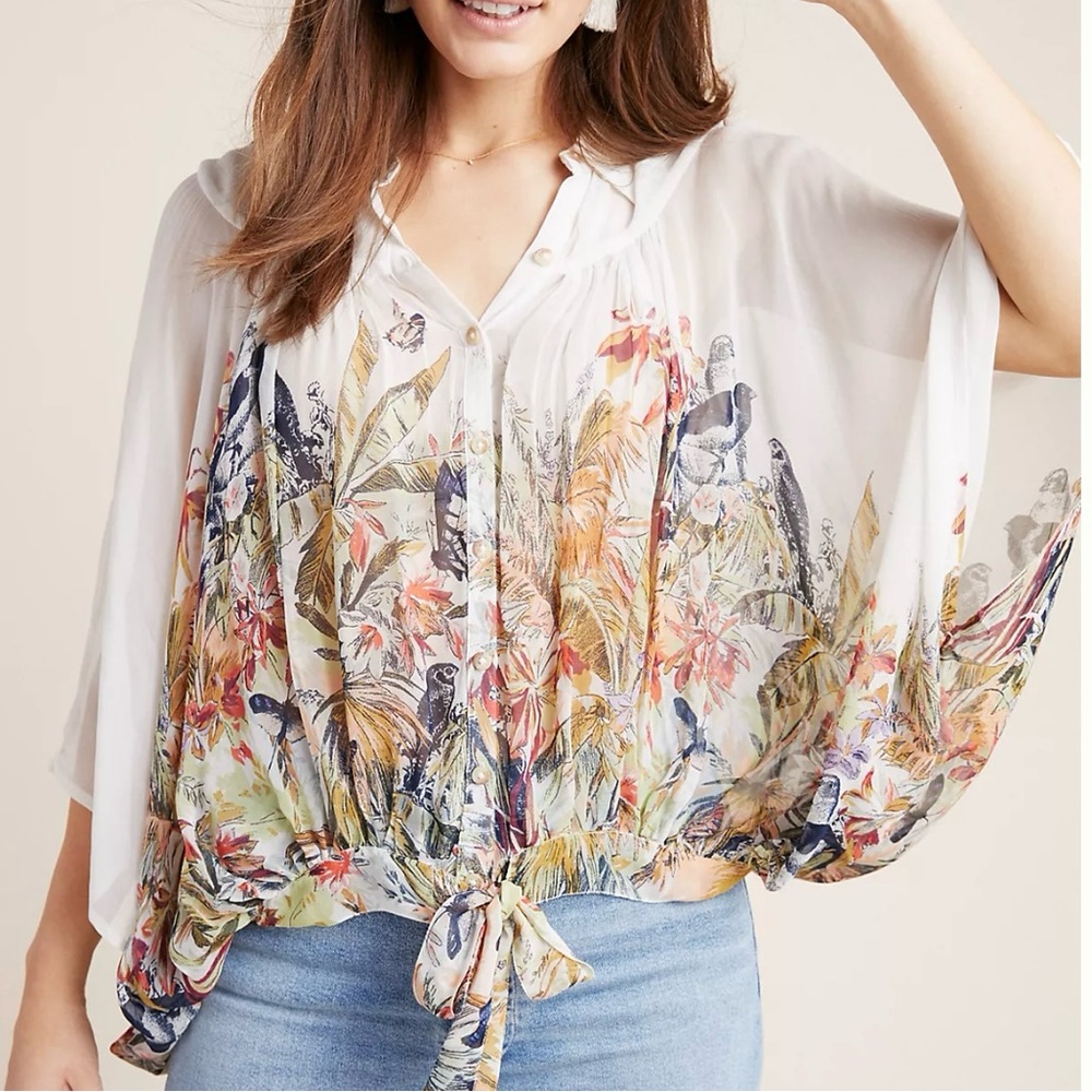 Anthropologie‎ Maeve Portia Floral Sheer Dolman Sleeve Boho Cottagecore Blouse